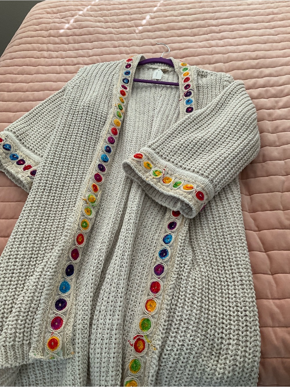 POL Cream Chunky Knit Cardigan with Rainbow Embellished Trim